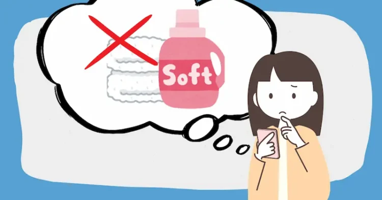 柔軟剤なしでティッシュまみれの洗濯物をきれいにする方法を検索する女性のイラスト